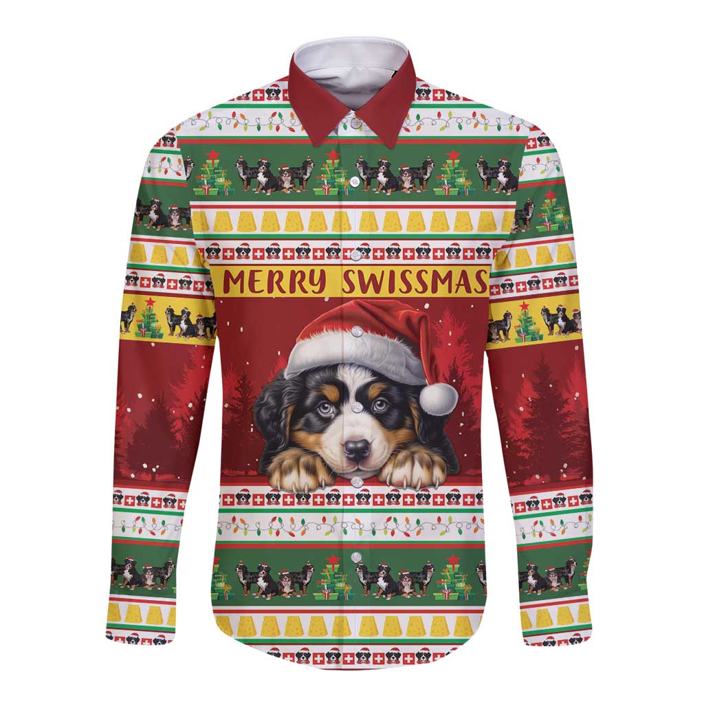 Red long-sleeve button shirt with Bernese mountain dog graphic and Swiss Christmas pattern
