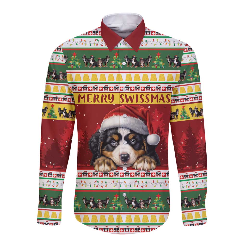 Merry Swissmas Bernese Mountain Dog Long Sleeve Button Shirt Switzerland Christmas Pattern - Wonder Print Shop