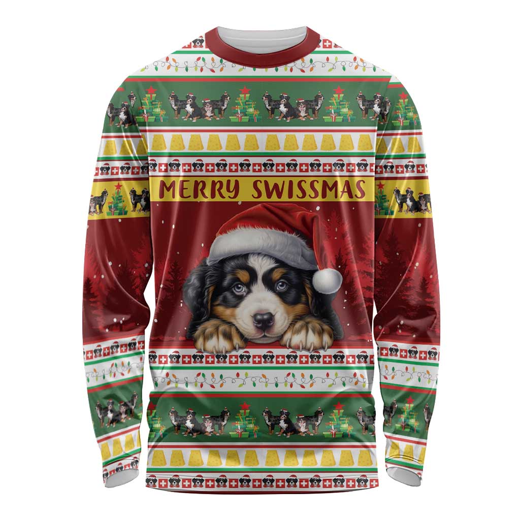 Merry Swissmas Bernese Mountain Dog Long Sleeve Shirt Switzerland Christmas Pattern - Wonder Print Shop