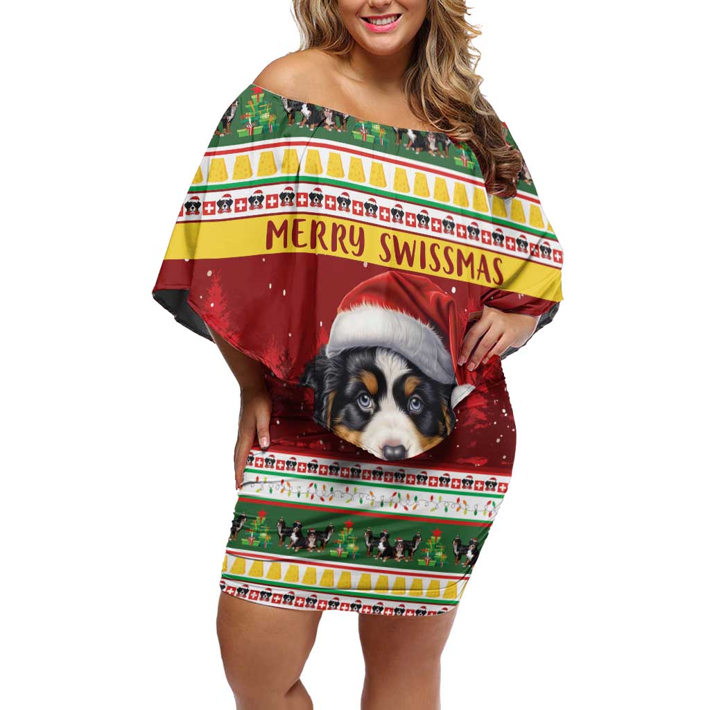 Merry Swissmas Bernese Mountain Dog Off Shoulder Short Dress Switzerland Christmas Pattern - Wonder Print Shop