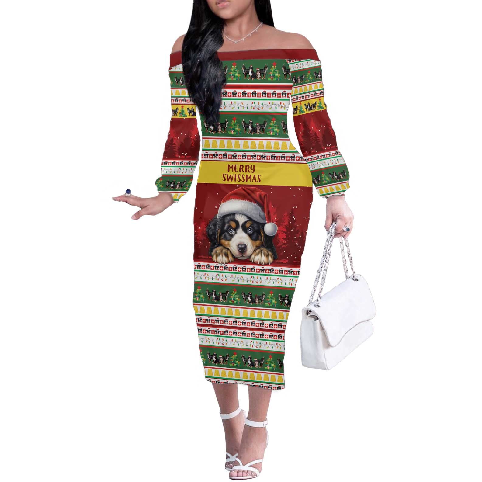 Merry Swissmas Bernese Mountain Dog Off The Shoulder Long Sleeve Dress Switzerland Christmas Pattern - Wonder Print Shop