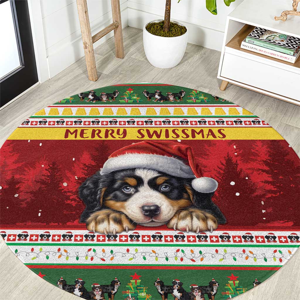 Round red Christmas rug with Bernese mountain dog under Santa hat and text