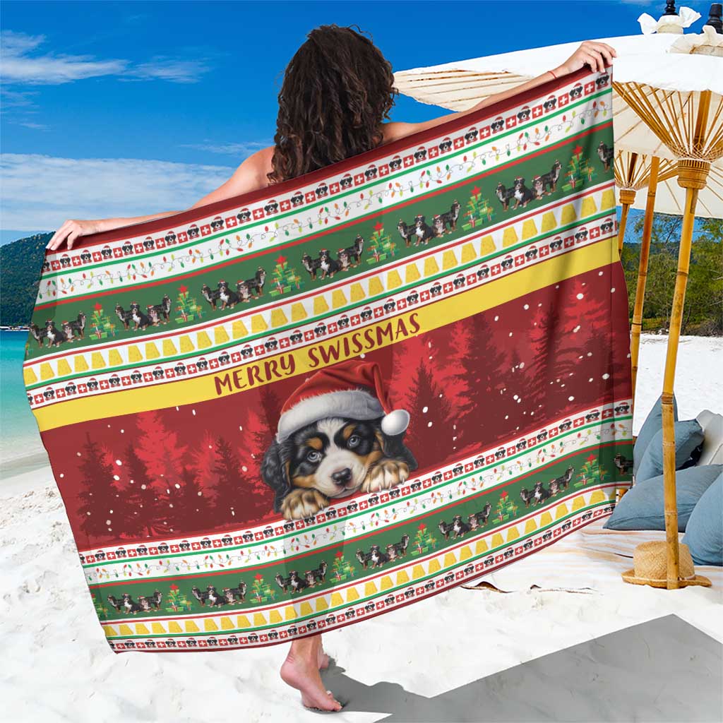 Red Christmas sarong with Bernese Mountain Dog portrait and Merry Swissmas stripe pattern
