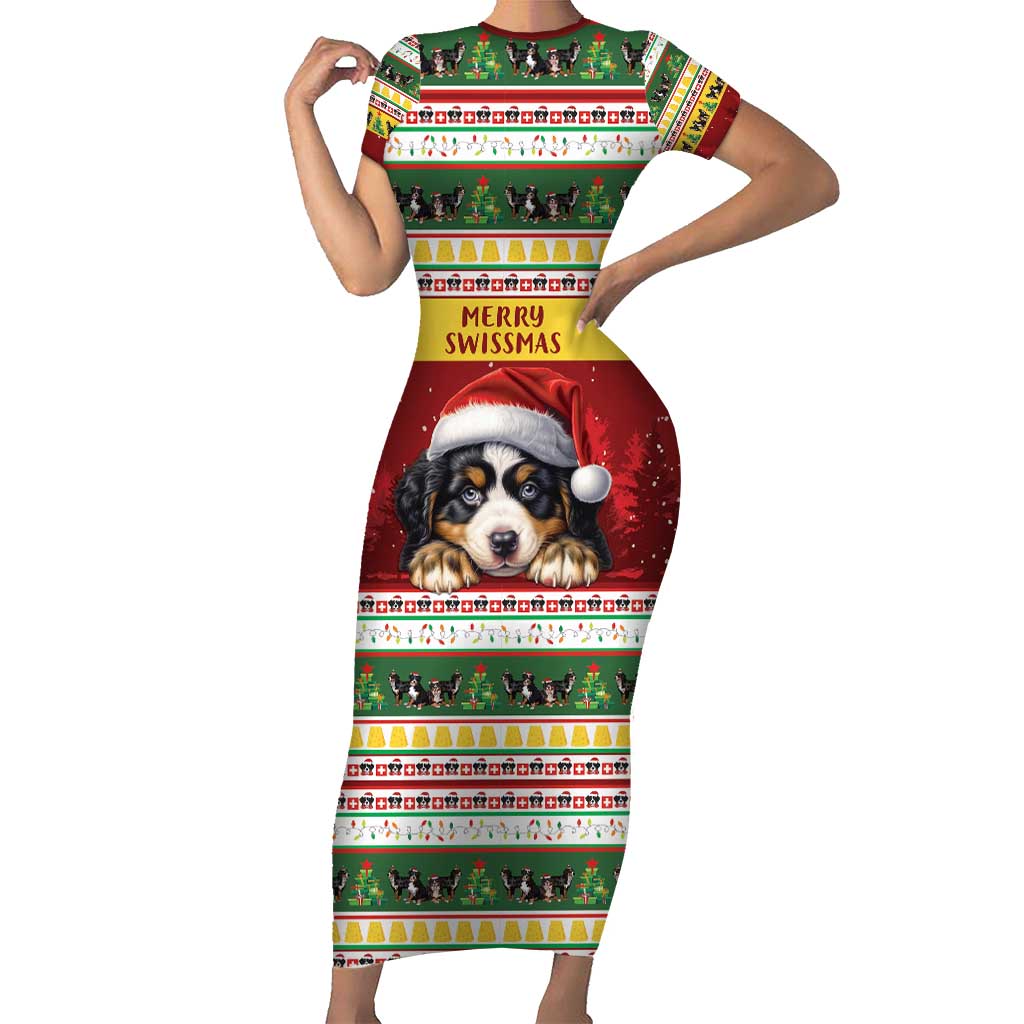 Merry Swissmas Bernese Mountain Dog Short Sleeve Bodycon Dress Switzerland Christmas Pattern