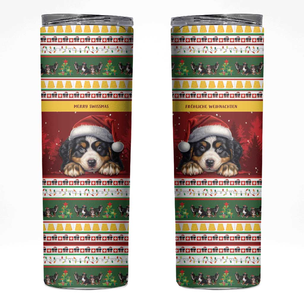 Merry Swissmas Bernese Mountain Dog Skinny Tumbler Switzerland Christmas Pattern