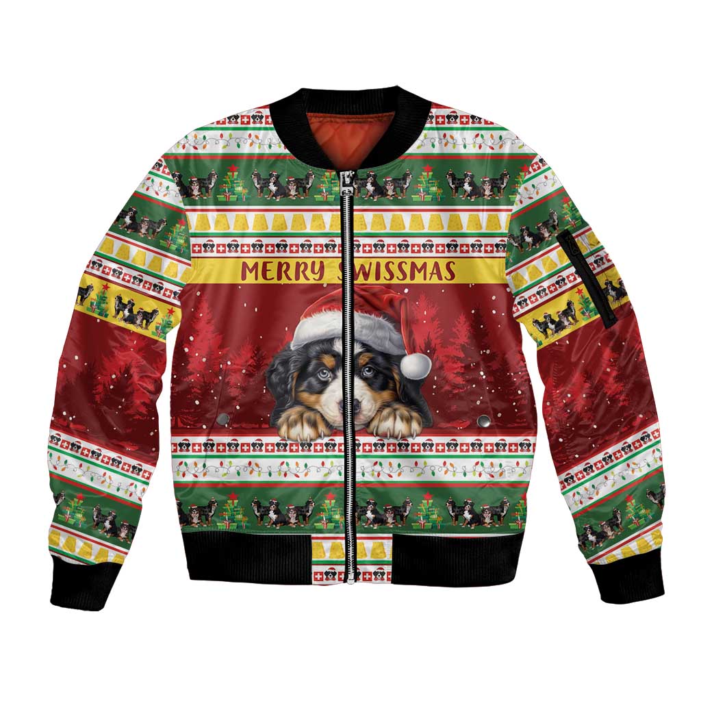 Merry Swissmas Bernese Mountain Dog Sleeve Zip Bomber Jacket Switzerland Christmas Pattern