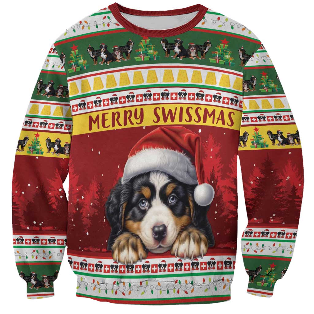 Red Christmas sweatshirt with Bernese dog in hat, Swiss pattern and 'Merry Swissmas'