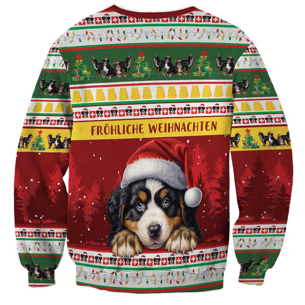 Bernese Mountain Dog Christmas sweatshirt with red festive pattern