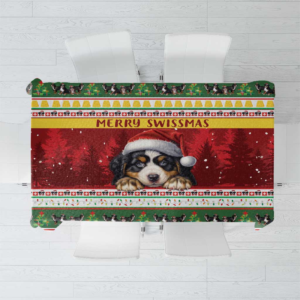 Rectangular Christmas tablecloth with Bernese dog portrait and “Merry Swissmas” band