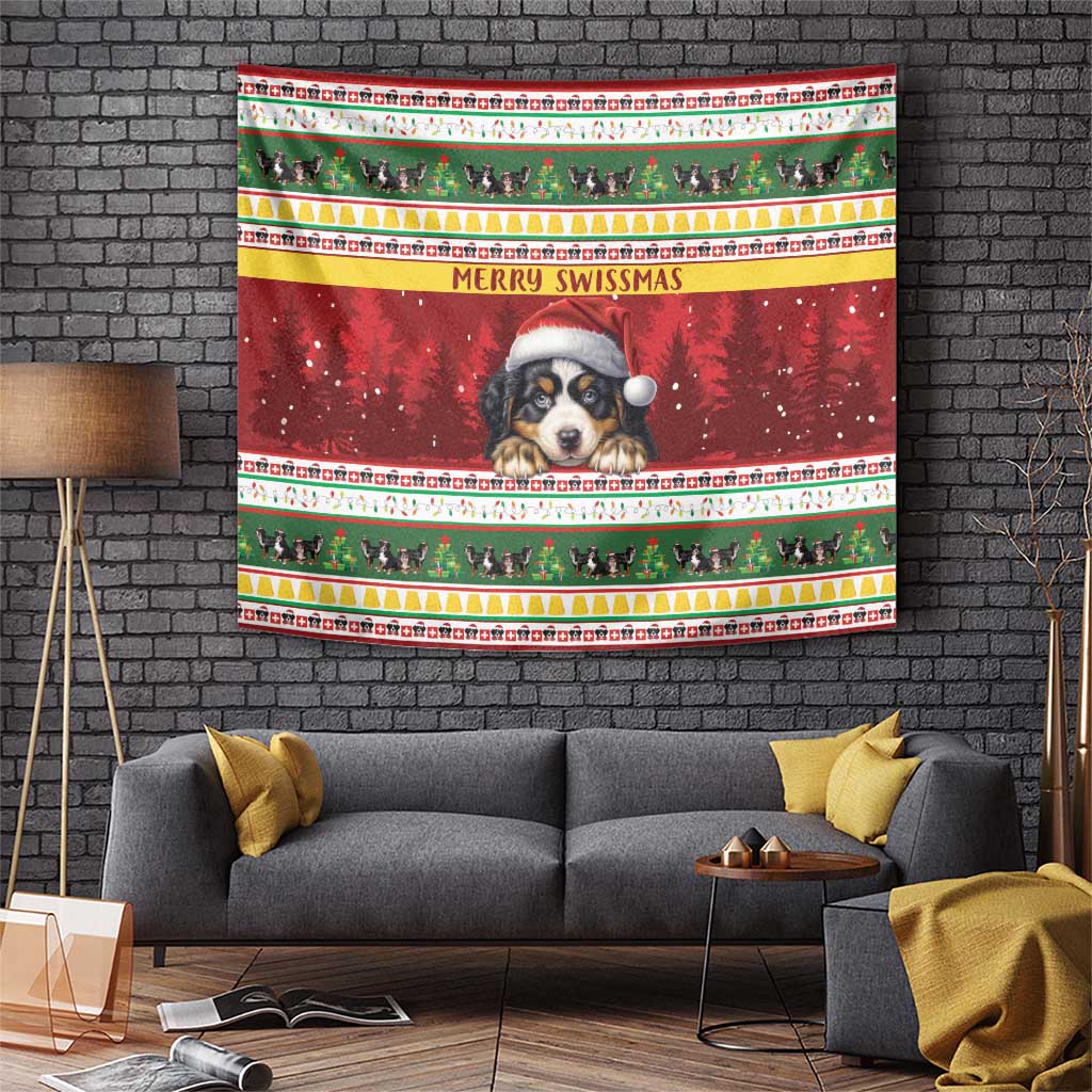 Red Christmas tapestry with Bernese mountain dog wearing a Santa hat and “MERRY SWISSMAS” text border.