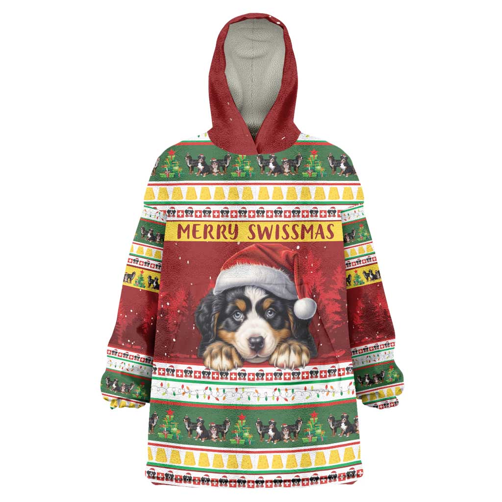 Merry Swissmas Bernese Mountain Dog Wearable Blanket Hoodie Switzerland Christmas Pattern