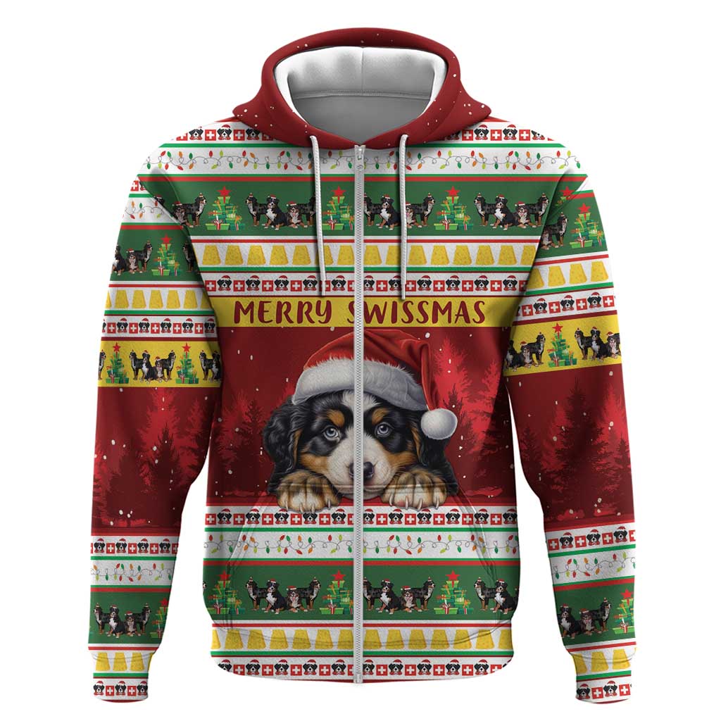 Merry Swissmas Bernese Mountain Dog Zip Hoodie Switzerland Christmas Pattern