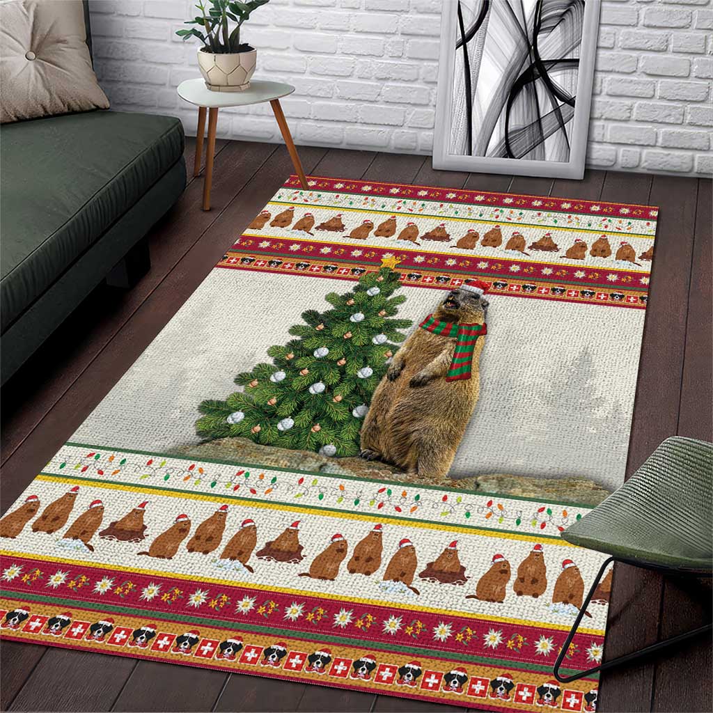 Rectangular Christmas area rug with marmot, evergreen tree, and red patterned border