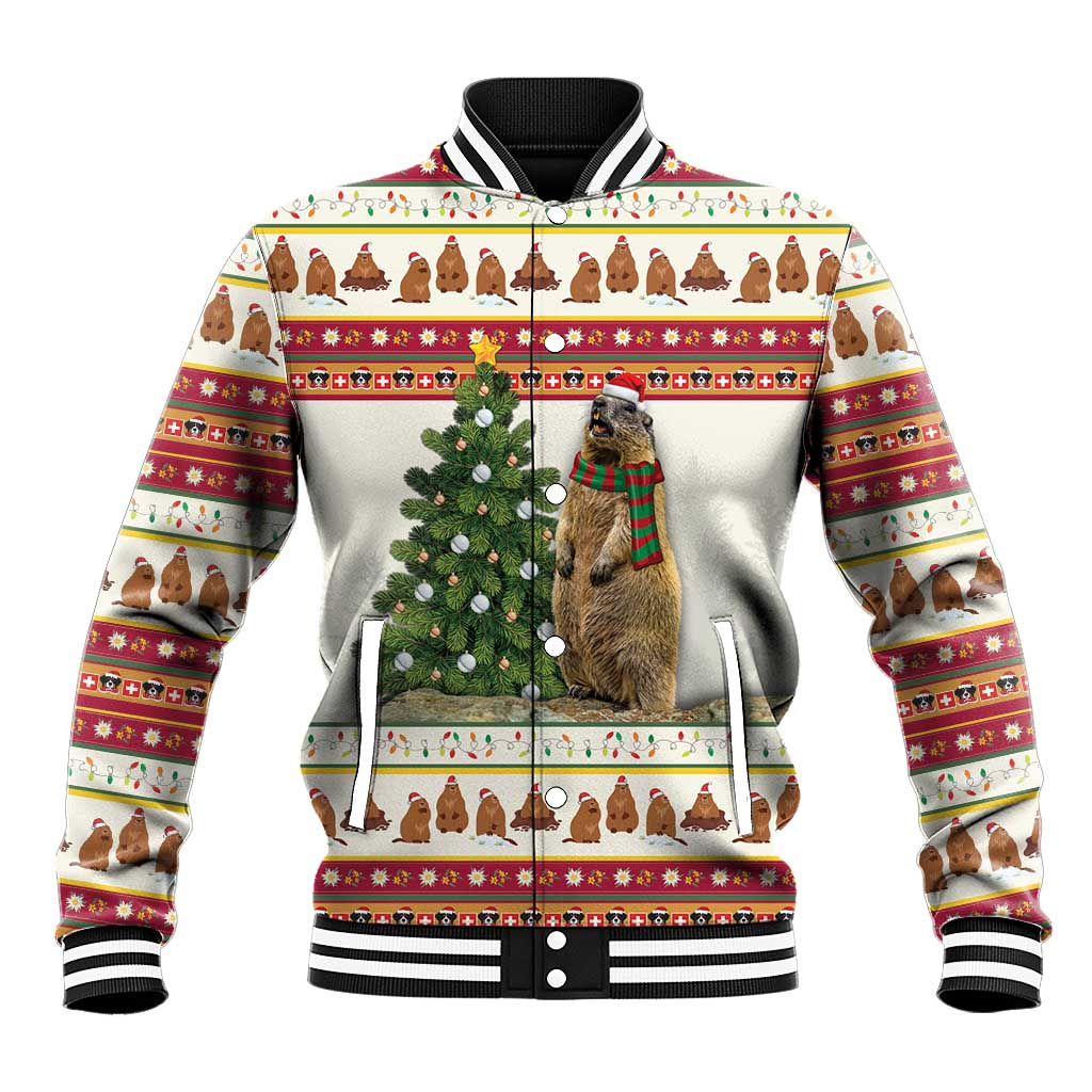 Baseball jacket with striped collar and button front, festive marmot and tree print