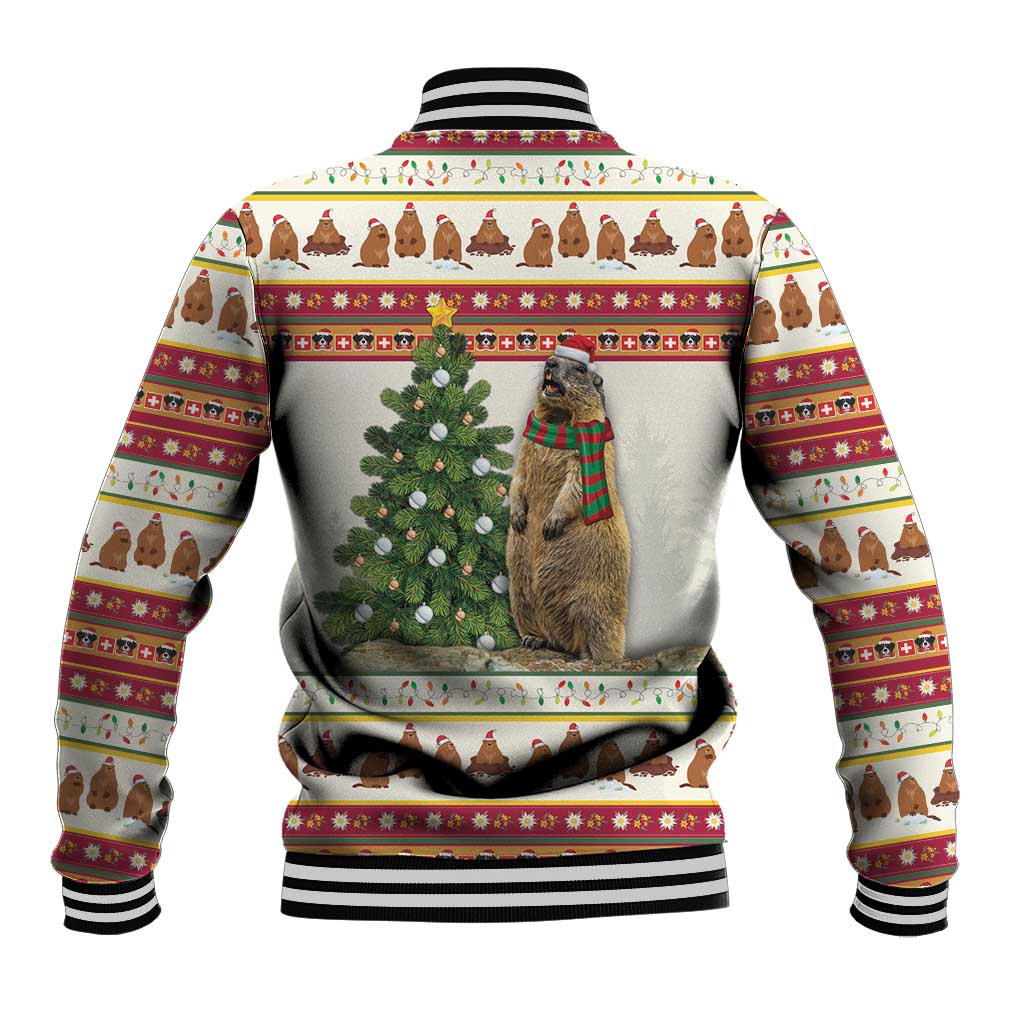 Baseball jacket with striped collar and button front, marmot with plaid scarf back print