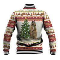 Baseball jacket with striped collar and button front, marmot with plaid scarf back print