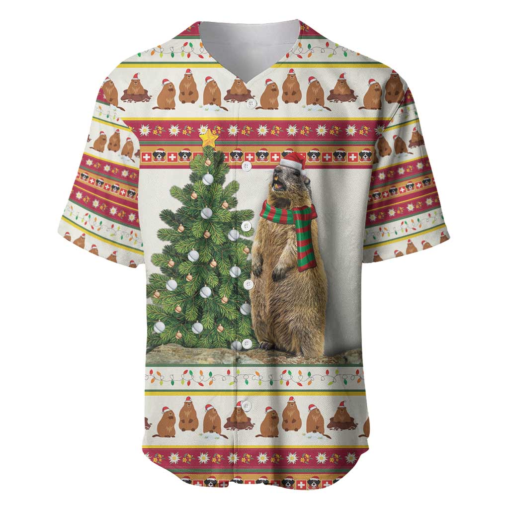 Santa-themed baseball jersey with bear dog graphic and Christmas tree, festive border