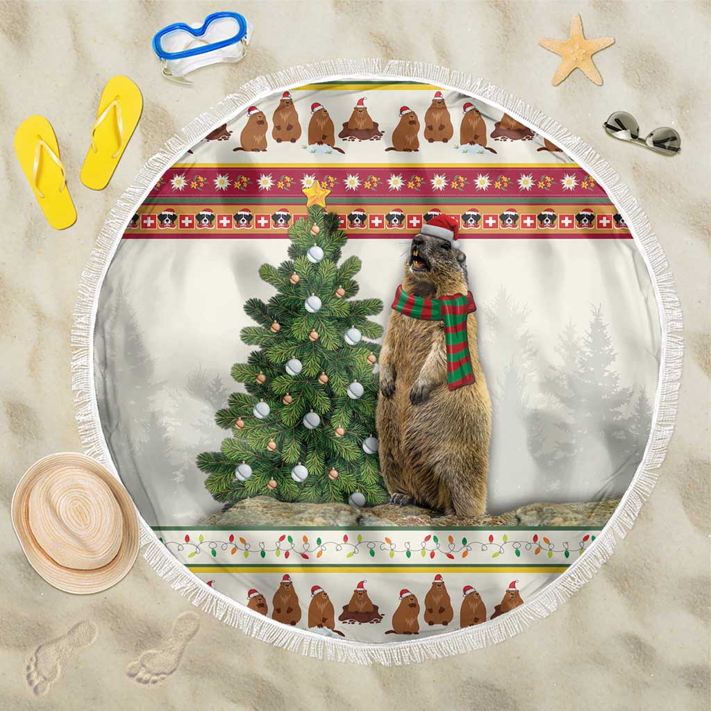 Round blanket with white fringe, pine tree and marmot wearing striped scarf holiday print