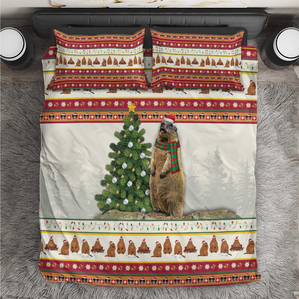 Christmas bedding set: white comforter with red border, dog with scarf, tree print, 2 pillowcases