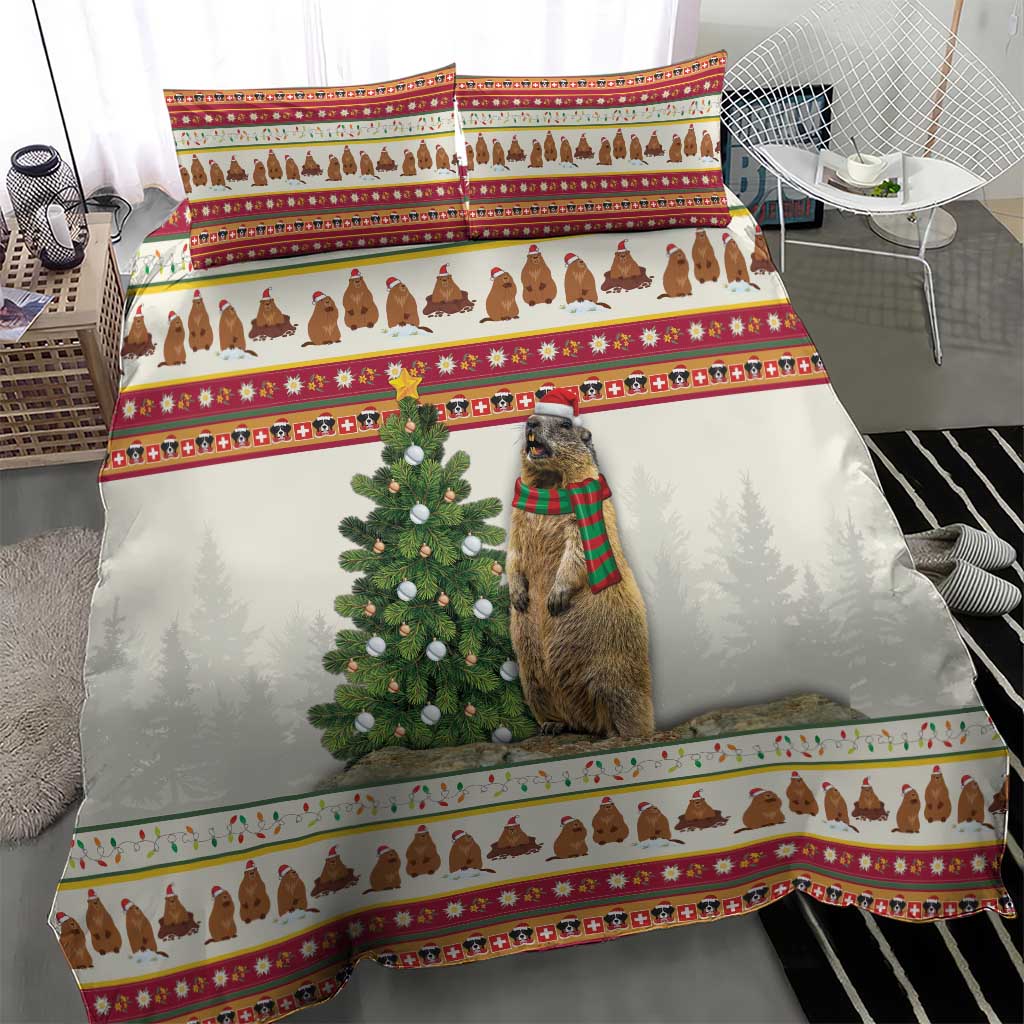 Christmas duvet cover and pillowcases: white with red bands, dog and pine tree panel design