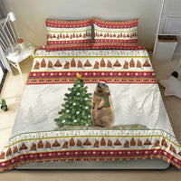 Christmas bedding set: white comforter with red-and-green striping, dog with scarf by pine trees