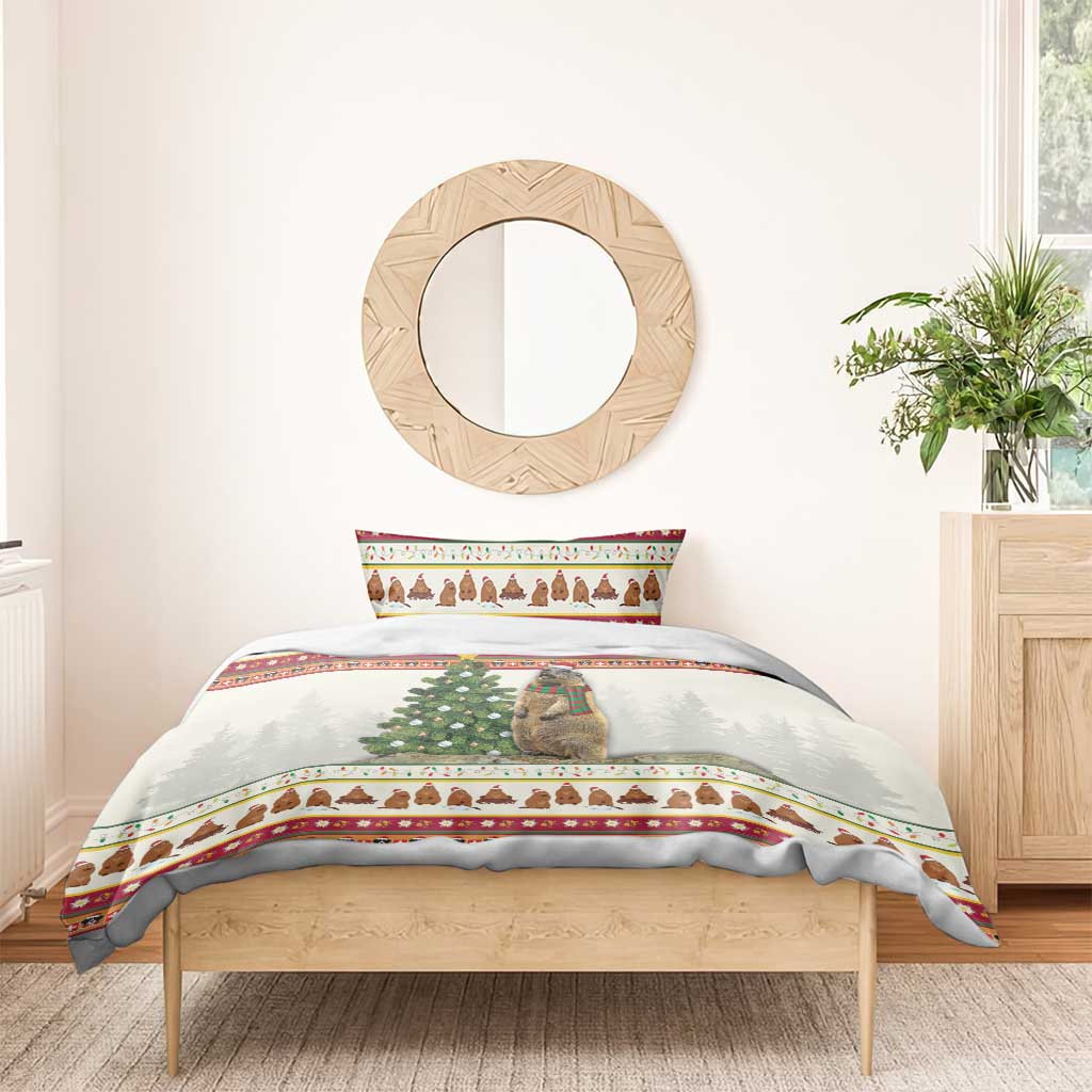 Christmas duvet cover and pillowcase: white with red border, dog with scarf, pine tree scene