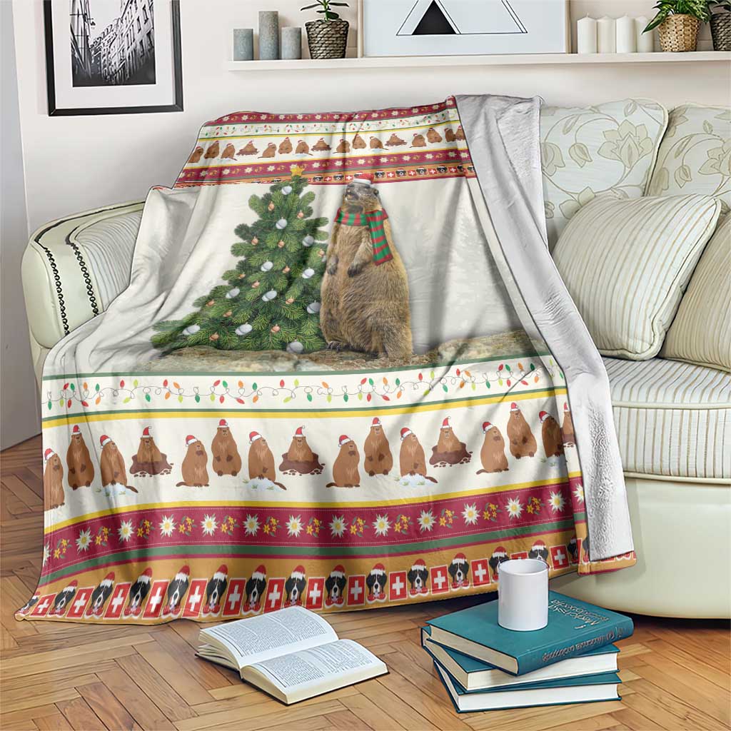 White Christmas blanket with festive marmot, fir tree, and colorful border pattern