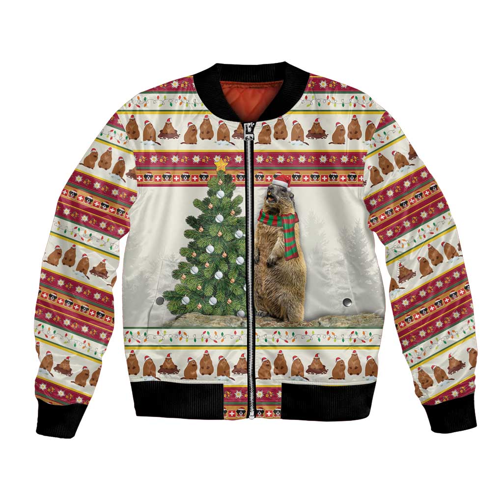 Unisex bomber jacket with white Christmas pattern, marmot graphic, ribbed cuffs
