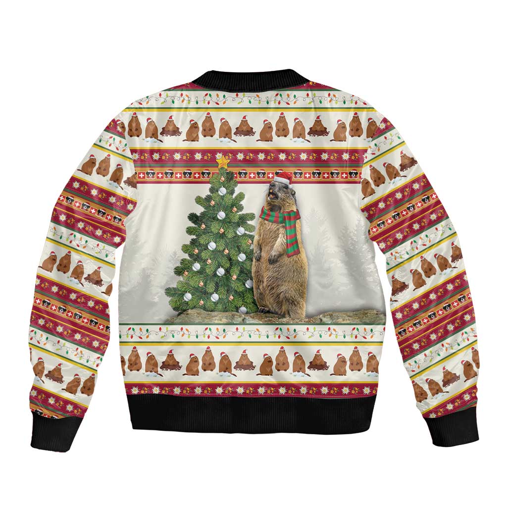 Unisex bomber jacket back view with marmot, tree and festive border, ribbed hem