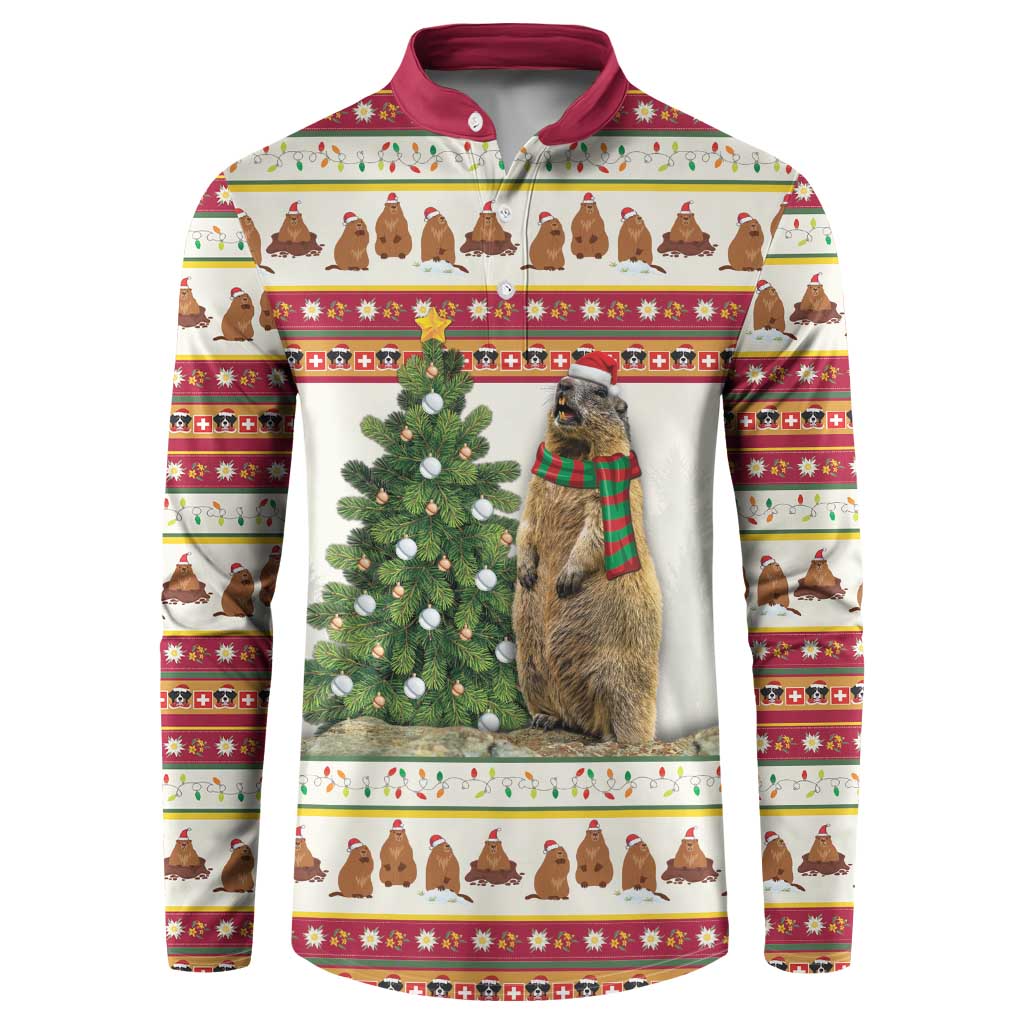 Men's button-front sweatshirt with marmot, Christmas tree, and holiday stripe pattern