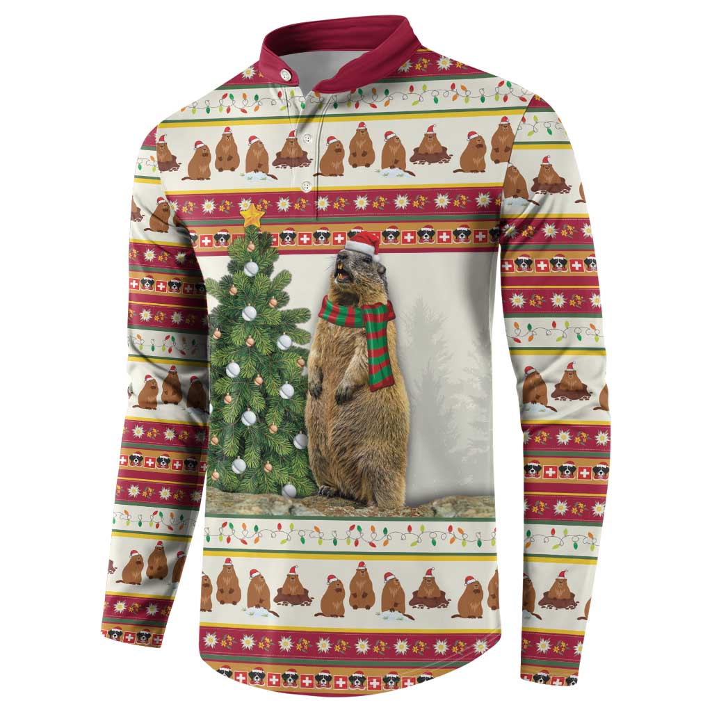 Men's button-front sweatshirt with marmot and Christmas tree on holiday stripe print