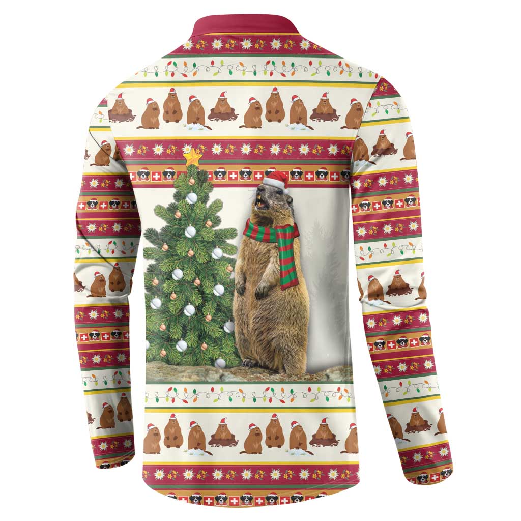 Back of men's button-front sweatshirt with marmot, Christmas tree, and festive border stripes