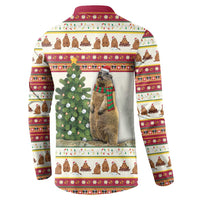 Back of men's button-front sweatshirt with marmot, Christmas tree, and festive border stripes