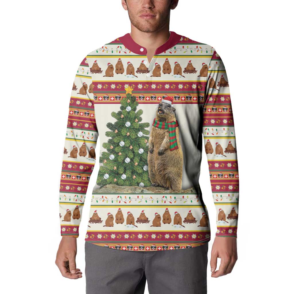 Men's button-front sweatshirt on model showing marmot, Christmas tree, and holiday stripe print