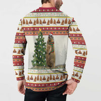 Back of men's button-front sweatshirt with marmot and Christmas tree in stripe design