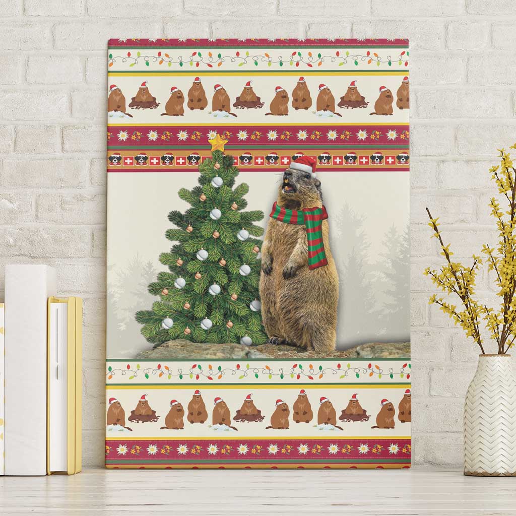 Marmot Christmas canvas wall art with Santa scarf, standing beside a decorated tree, red border