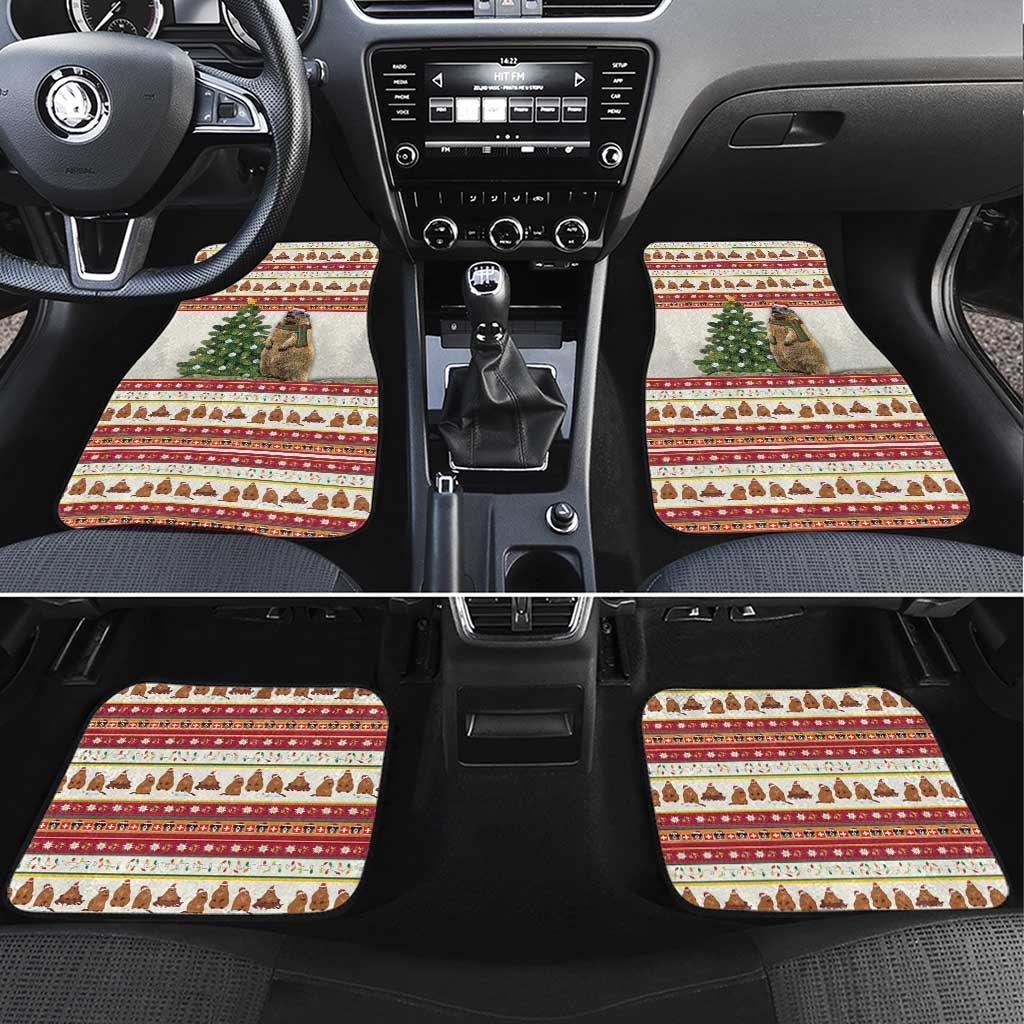 Set of 4 Christmas patterned car floor mats with red borders and animal motif