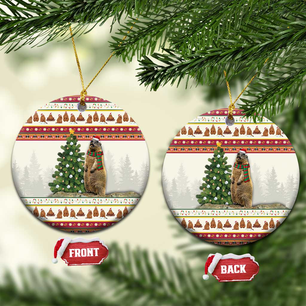 Round ceramic Christmas ornament with Swiss marmot in striped scarf and red holiday pattern