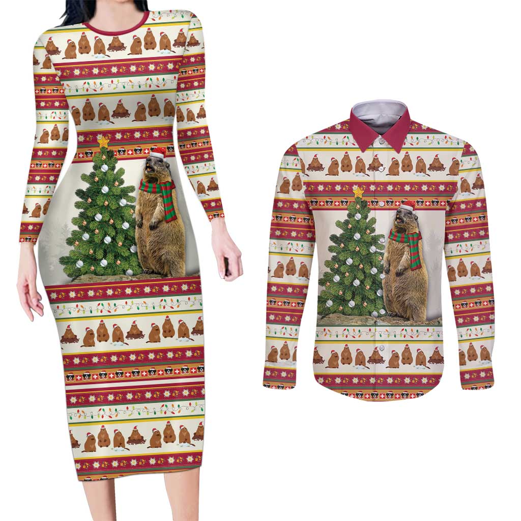 Merry Swissmas Marmot Santa Couples Matching Long Sleeve Bodycon Dress and Long Sleeve Button Shirt Switzerland Christmas Pattern LT9 - Wonder Print Shop