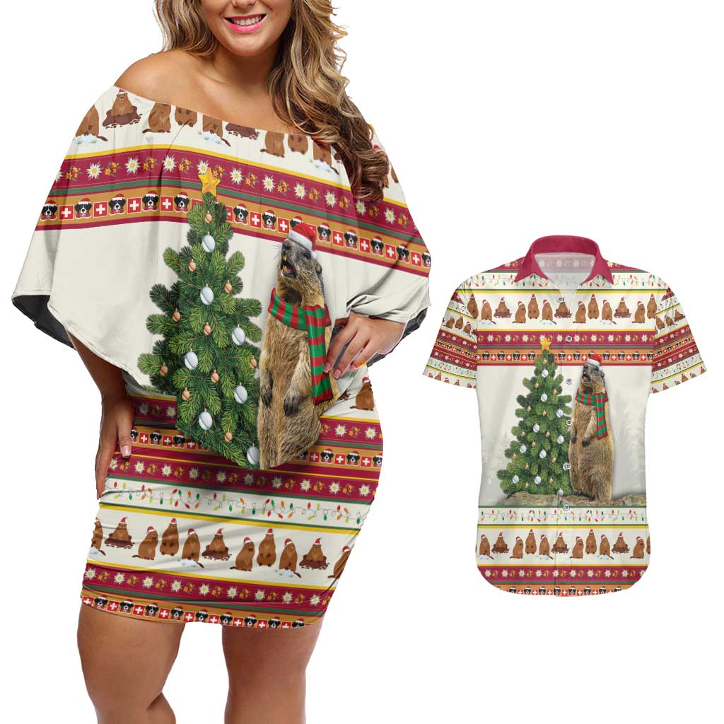 Merry Swissmas Marmot Santa Couples Matching Off Shoulder Short Dress and Hawaiian Shirt Switzerland Christmas Pattern LT9 - Wonder Print Shop