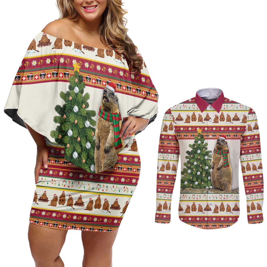 Merry Swissmas Marmot Santa Couples Matching Off Shoulder Short Dress and Long Sleeve Button Shirt Switzerland Christmas Pattern LT9 - Wonder Print Shop