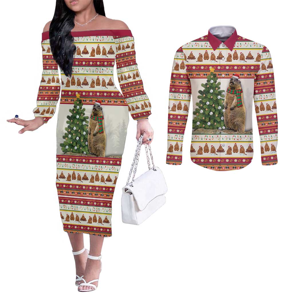 Merry Swissmas Marmot Santa Couples Matching Off The Shoulder Long Sleeve Dress and Long Sleeve Button Shirt Switzerland Christmas Pattern