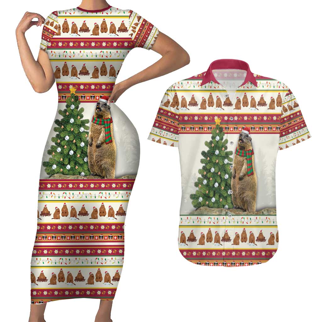 Merry Swissmas Marmot Santa Couples Matching Short Sleeve Bodycon Dress and Hawaiian Shirt Switzerland Christmas Pattern LT9 - Wonder Print Shop