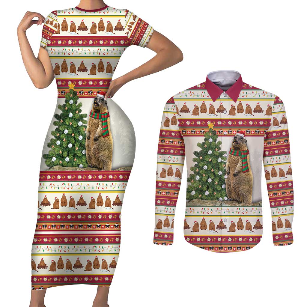 Merry Swissmas Marmot Santa Couples Matching Short Sleeve Bodycon Dress and Long Sleeve Button Shirt Switzerland Christmas Pattern LT9 - Wonder Print Shop