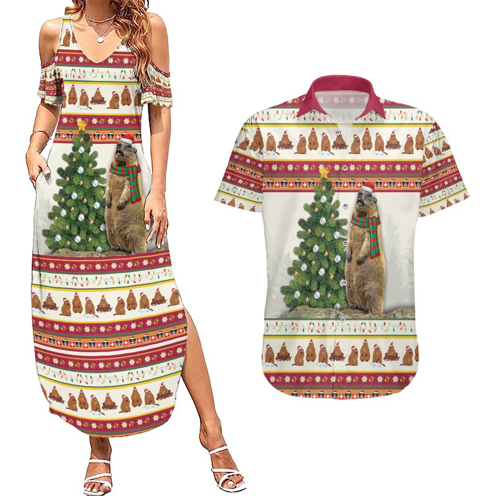 Merry Swissmas Marmot Santa Couples Matching Summer Maxi Dress and Hawaiian Shirt Switzerland Christmas Pattern LT9 - Wonder Print Shop