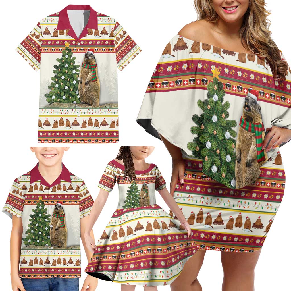 Merry Swissmas Marmot Santa Family Matching Off Shoulder Short Dress and Hawaiian Shirt Switzerland Christmas Pattern LT9 - Wonder Print Shop