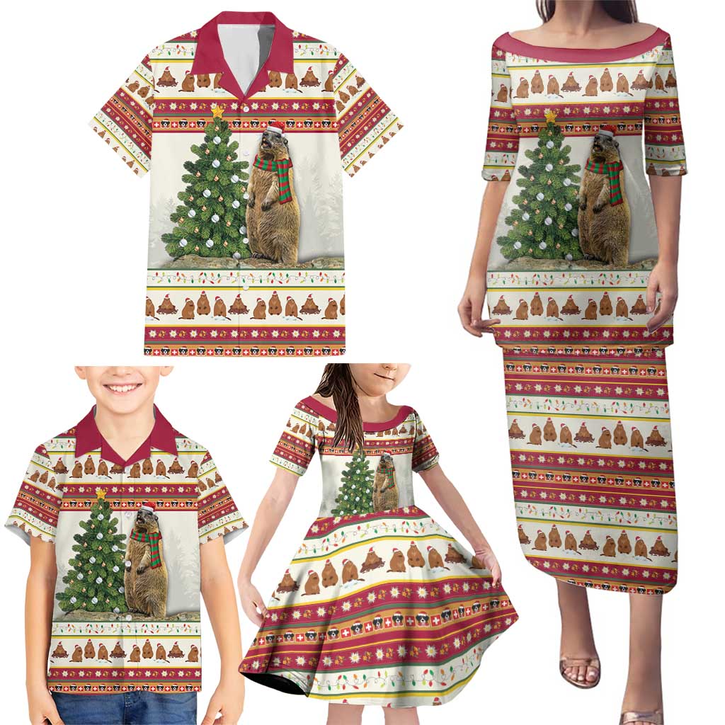 Merry Swissmas Marmot Santa Family Matching Puletasi and Hawaiian Shirt Switzerland Christmas Pattern - Wonder Print Shop