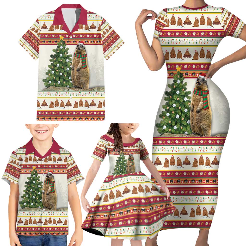 Merry Swissmas Marmot Santa Family Matching Short Sleeve Bodycon Dress and Hawaiian Shirt Switzerland Christmas Pattern - Wonder Print Shop