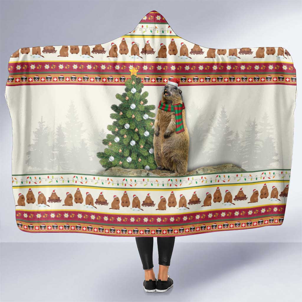 Hooded Christmas blanket with red-and-white border, marmot and pine tree graphics