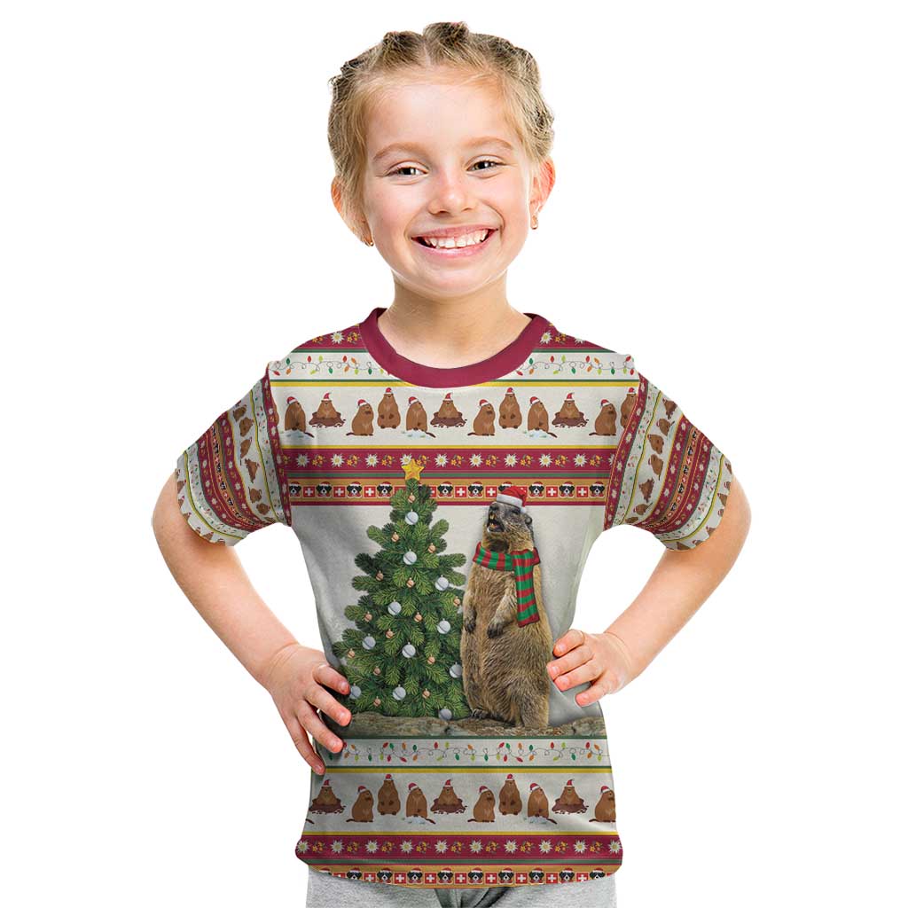 Kids red-trim Christmas graphic T-shirt with marmot by decorated pine tree